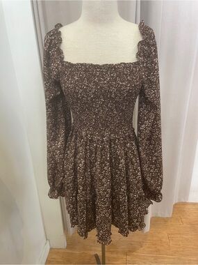 Smocked Square-Neck Long-Sleeve Brown Floral Mini Dress